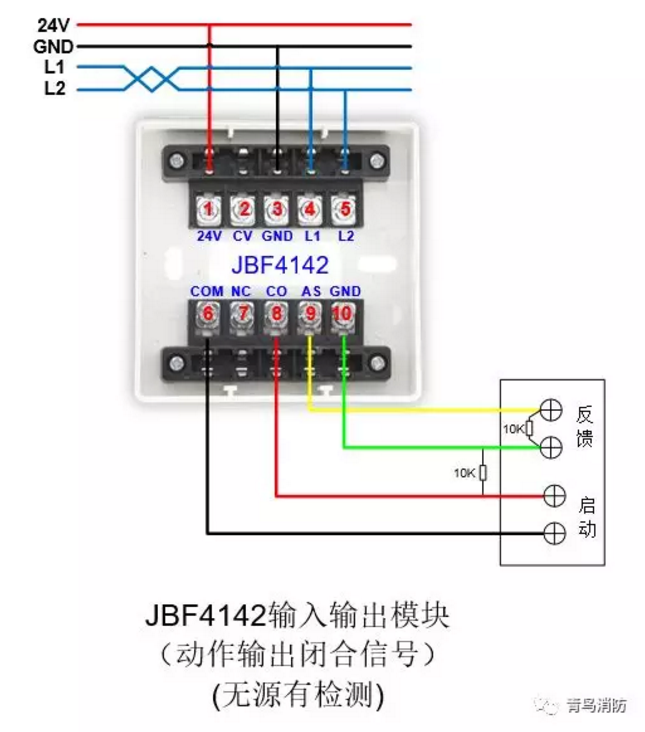 JBF4142輸入/輸出模塊動(dòng)作輸出閉合信號（無源有檢測）接線圖